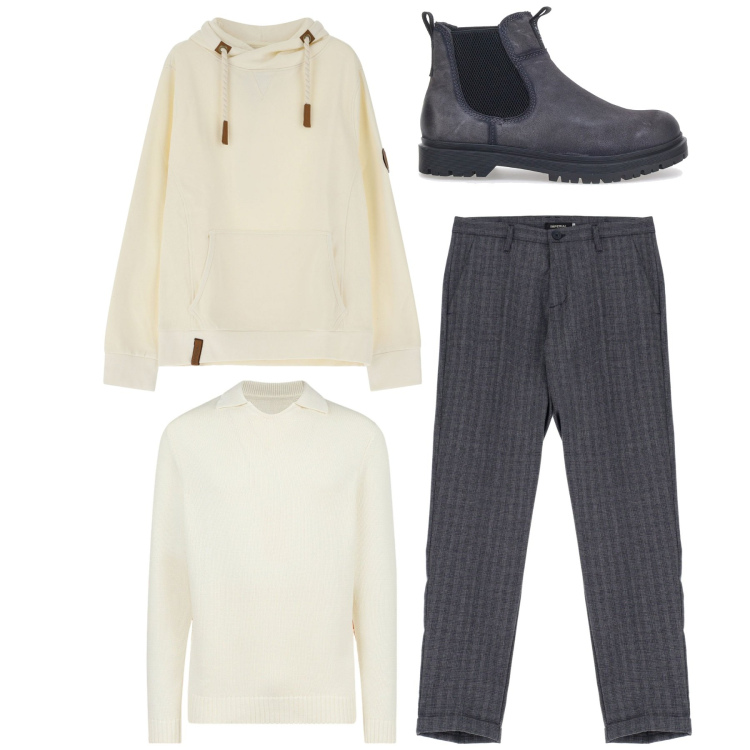 Outfit uomo - Il gessato. Stile Casual per Tutti i giorni. Abbinamento con pantaloni, felpe con cappuccio, stivali e stivaletti, maglieria.