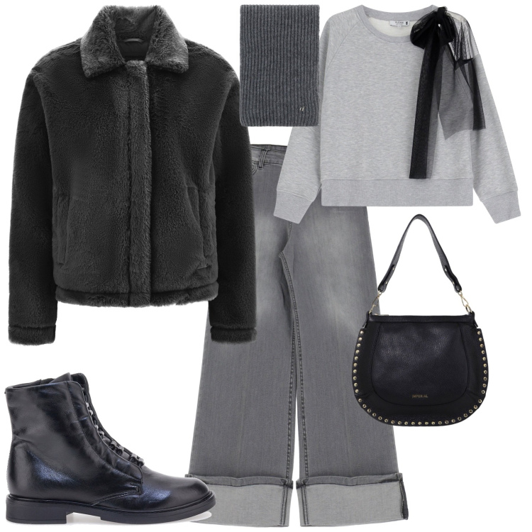 Outfit donna - Total look #2030098. Stile Rock per Serata fuori. Abbinamento con felpe, borse a spalla, cappotti, jeans, sciarpe, stivaletti.
