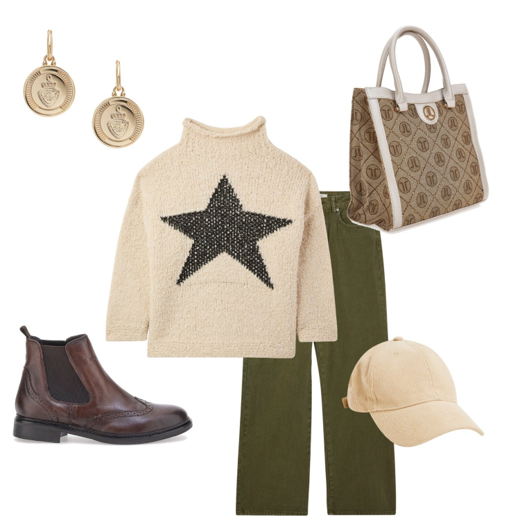 Outfit donna - Verde militare. Stile Casual per Tutti i giorni. Abbinamento con pantaloni, maglieria, cappelli con visiera, orecchini, borse a spalla, stivaletti chelsea.