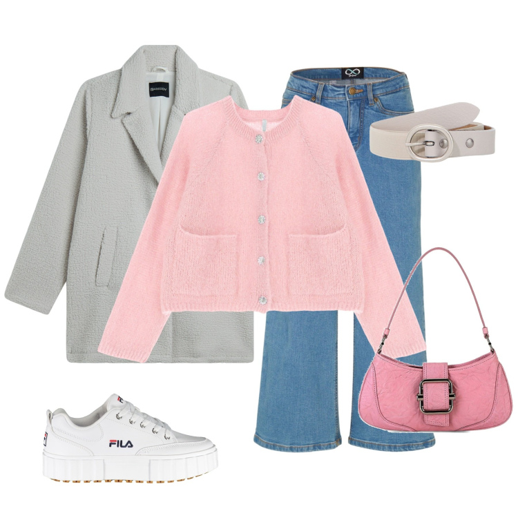 Outfit donna - In rosa. Stile Casual per Tutti i giorni. Abbinamento con jeans, cardigans, cappotti, cinture, borse a spalla, sneakers.