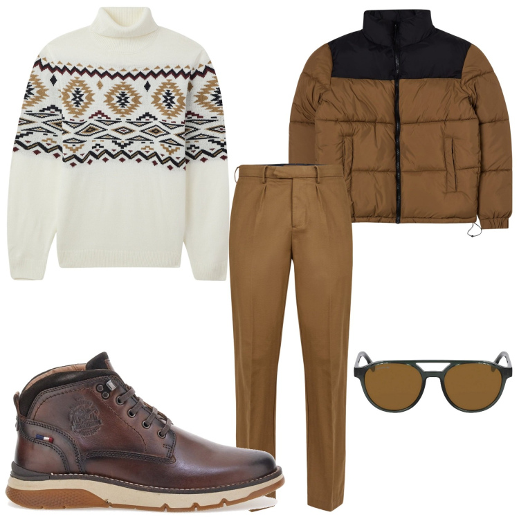 Outfit uomo - Giornata fredda. Stile Urban per Tutti i giorni. Abbinamento con giacche, maglieria, scarpe stringate, pantaloni, occhiali da sole.