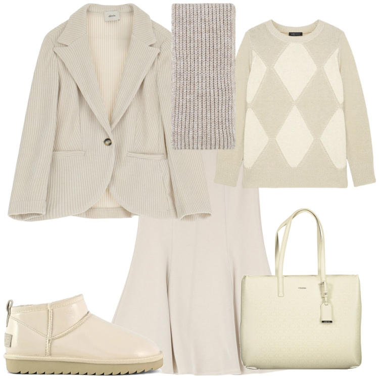 Outfit donna - Total look #2030122. Stile Sporty chic per Ufficio. Abbinamento con gonne, blazer, sciarpe, stivali, maglieria, borse a spalla.