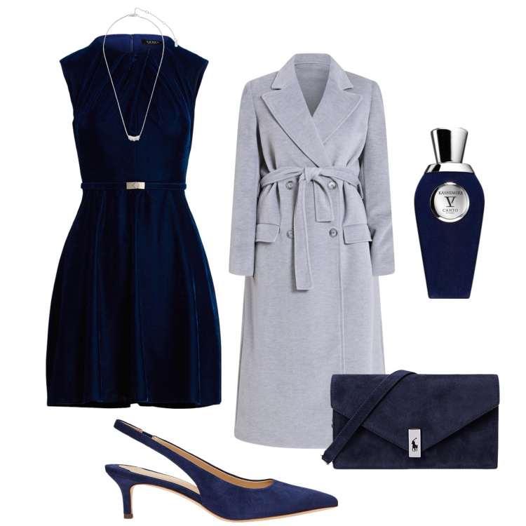 Outfit donna - Gran serata in velluto. Stile Chic per Serata fuori. Abbinamento con profumi, cappotti, vestiti, clutch, collane, décolleté.