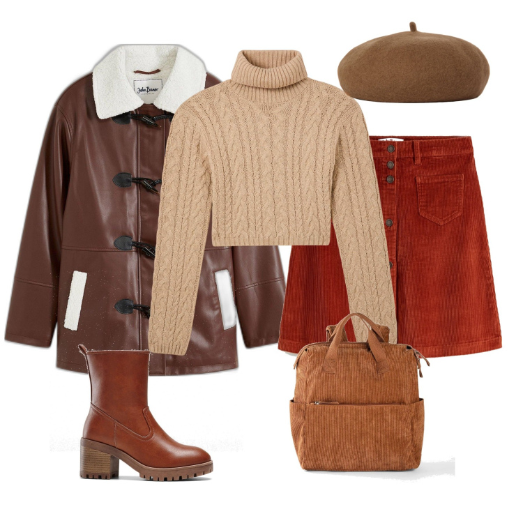 Outfit donna - Sui toni della terra. Stile Trendy per Tutti i giorni. Abbinamento con stivaletti, zaini, gonne, montgomery, maglieria, cappelli e berretti.