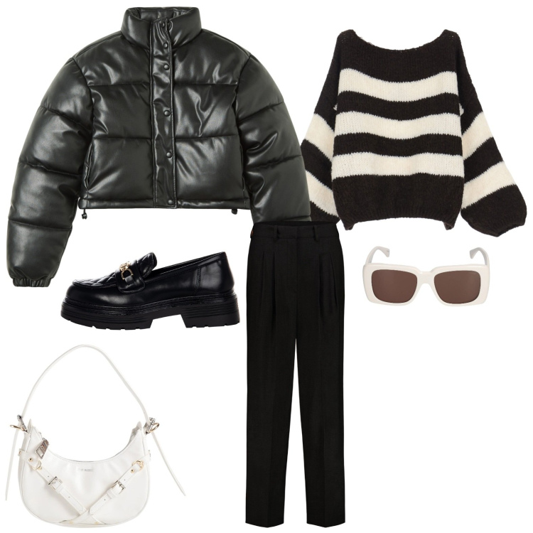 Outfit donna - Cool. Stile Casual per Tutti i giorni. Abbinamento con borse a mano, maglieria, mocassini, pantaloni, occhiali da sole, blazer.