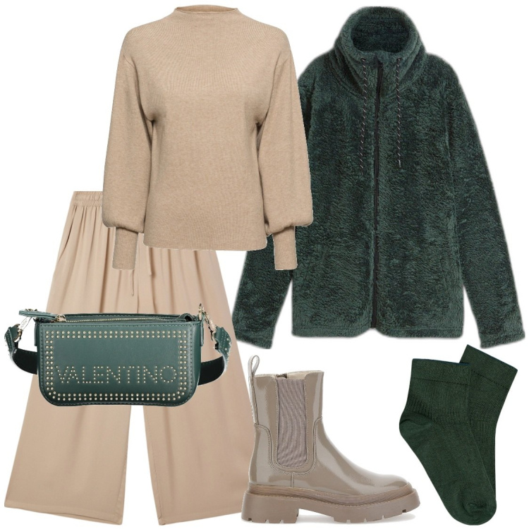 Outfit donna - Comoda e trandy. Stile Trendy per Ufficio. Abbinamento con maglieria, blazer, pantaloni a palazzo, anfibi, borse a spalla, collant.