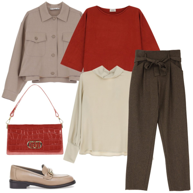 Outfit donna - Total look #2030192. Stile Casual chic per Ufficio. Abbinamento con pantaloni, blazer, borse a tracolla, maglieria, camicie, mocassini.