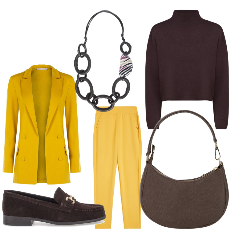 Outfit donna - Bella in ufficio. Stile Casual chic per Ufficio. Abbinamento con blazer, pantaloni, borse a spalla, mocassini, collane, cardigans.