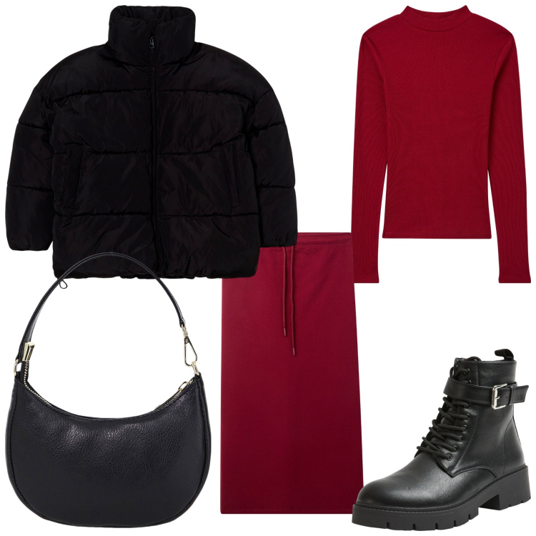 Outfit donna - Gonna e stivaletti. Stile Casual per Tutti i giorni. Abbinamento con gonne longuette, t-shirt, anfibi, blazer, borse a spalla.