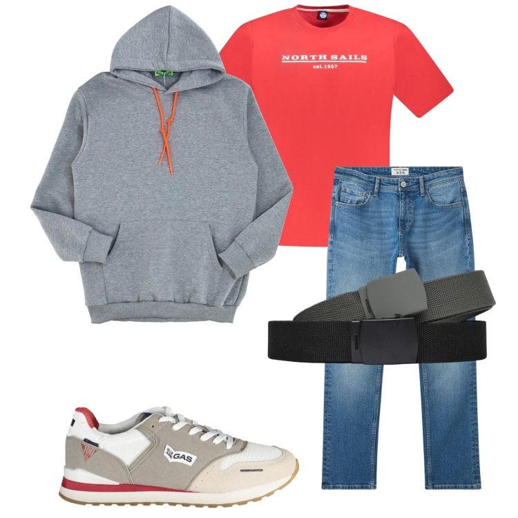 Outfit uomo - Casual. Stile Casual per Tutti i giorni. Abbinamento con jeans, cinture, felpe con cappuccio, sneakers, t-shirt.