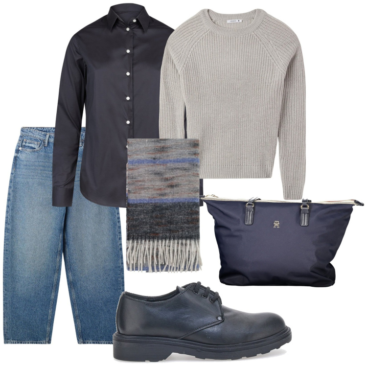 Outfit donna - Total look #2030232. Stile Casual per Tutti i giorni. Abbinamento con maglieria, jeans, foulard, scarpe stringate, camicie, borse a spalla.