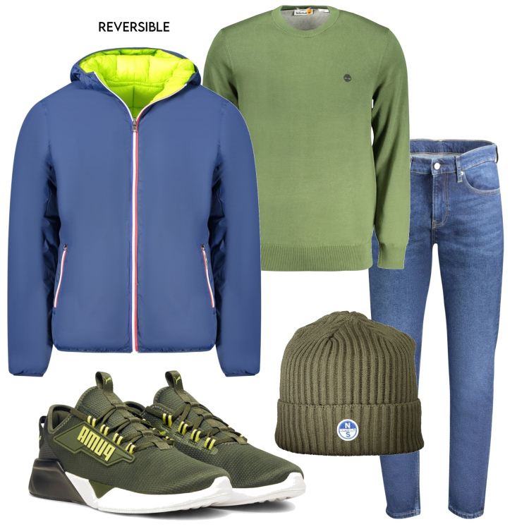 Outfit uomo - In città. Stile Casual per Tutti i giorni. Abbinamento con sneakers, giacche, maglieria, berretti, jeans.