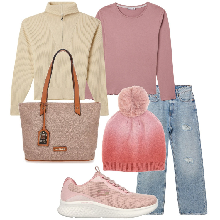 Outfit donna - Total look #2030243. Stile Casual per Tutti i giorni. Abbinamento con jeans strappati, maglieria, t-shirt, berretti, sneakers, borse a spalla.