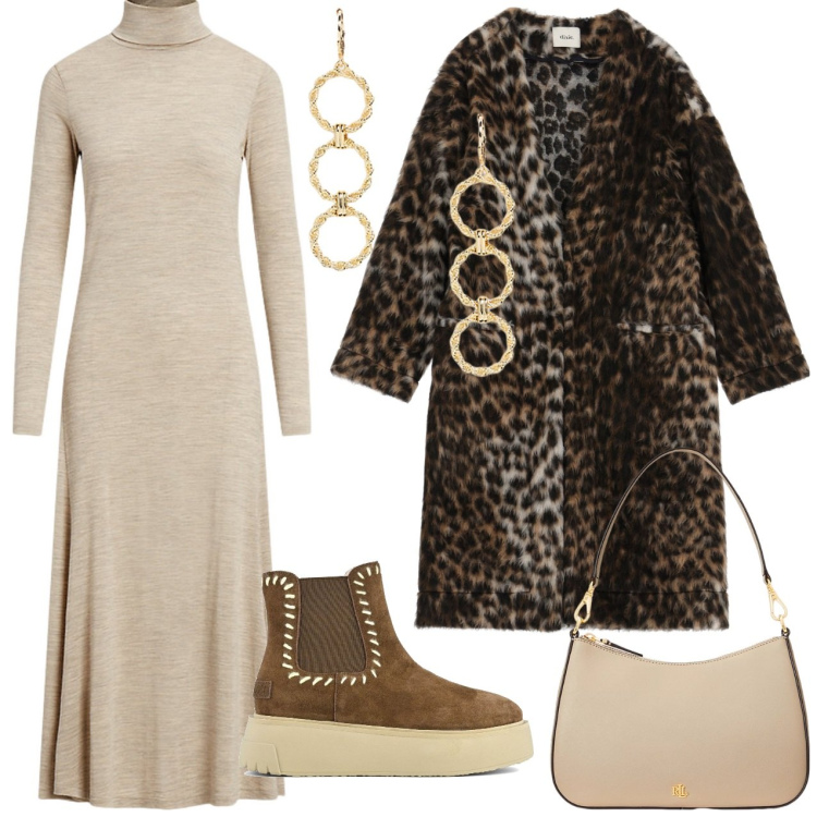 Outfit donna - Cappotto animalier. Stile Casual chic per Tutti i giorni. Abbinamento con borse a spalla, vestiti, orecchini, cappotti, stivaletti.