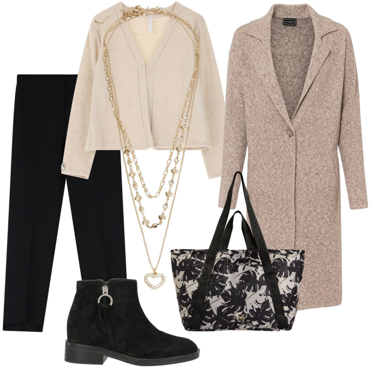 Outfit donna - Entro in ufficio. Stile Casual chic per Ufficio. Abbinamento con cappotti, stivaletti, collane, pantaloni, cardigans, shopping bag.