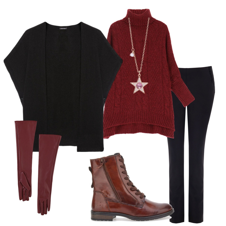 Outfit donna - Tonalità calde. Stile Casual chic per Ufficio. Abbinamento con collane, pantaloni, maglieria, guanti, anfibi, cappe.