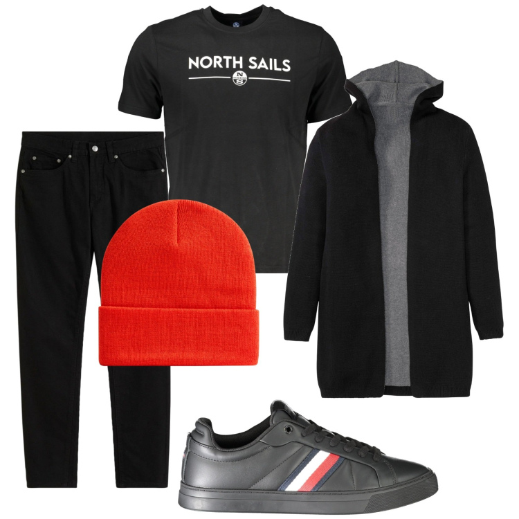 Outfit uomo - Total look #2030259. Stile Trendy per Tutti i giorni. Abbinamento con jeans slim fit, cardigans, berretti, sneakers, t-shirt.