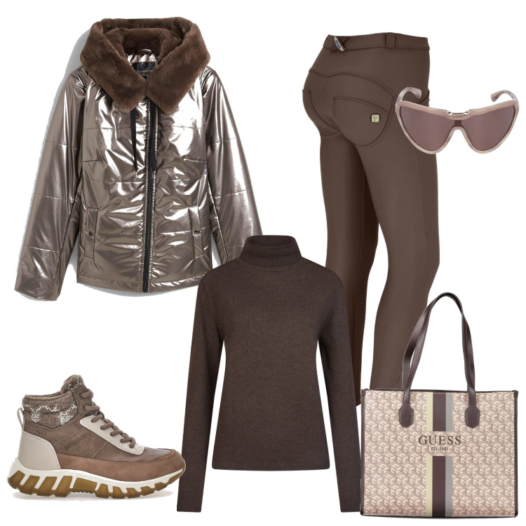 Outfit donna - Inizio anno in montagna. Stile Casual per Tutti i giorni. Abbinamento con giacche, pantaloni skinny, stivaletti, borse a spalla, maglieria, occhiali da sole.