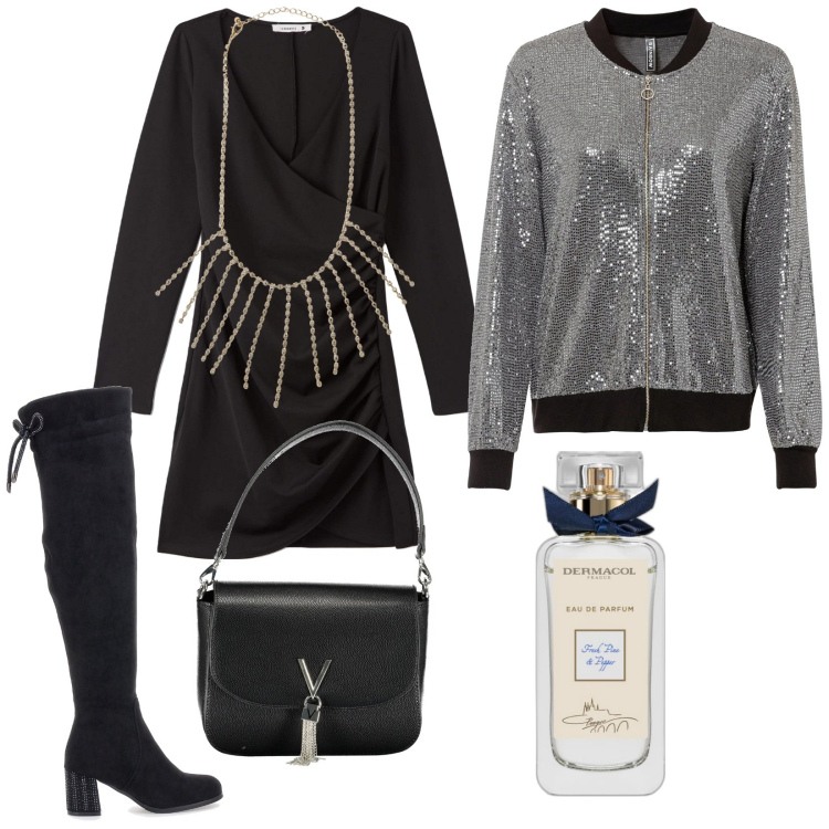 Outfit donna - Total look #2030261. Stile Glamour per Serata fuori. Abbinamento con bomber, profumi, collane, vestiti corti, borse a spalla, stivali.