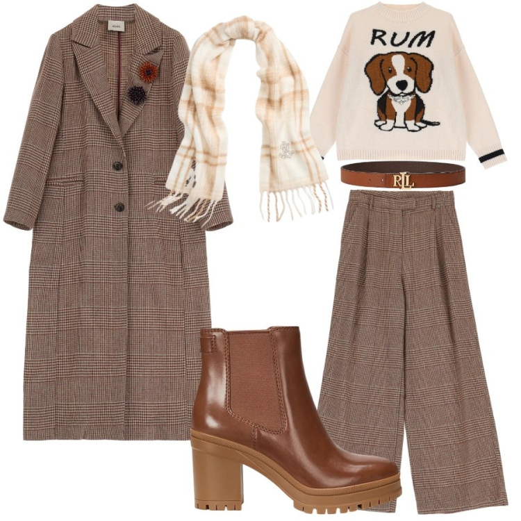 Outfit donna - Total look #2030265. Stile Sporty chic per Ufficio. Abbinamento con pantaloni a palazzo, cappotti, pullovers, cinture, stivaletti chelsea, sciarpe.