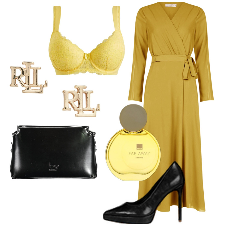 Outfit donna - Total look #2030266. Stile Chic per Cerimonia. Abbinamento con reggiseni, profumi, vestiti chemisier, décolleté, orecchini, borse a tracolla.