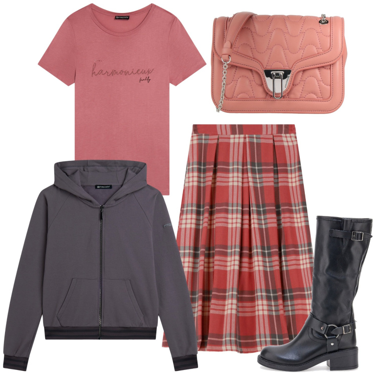 Outfit donna - La gonna a pieghe. Stile Urban per Tutti i giorni. Abbinamento con borse a tracolla, felpe con cappuccio, t-shirt, gonne longuette, stivali.