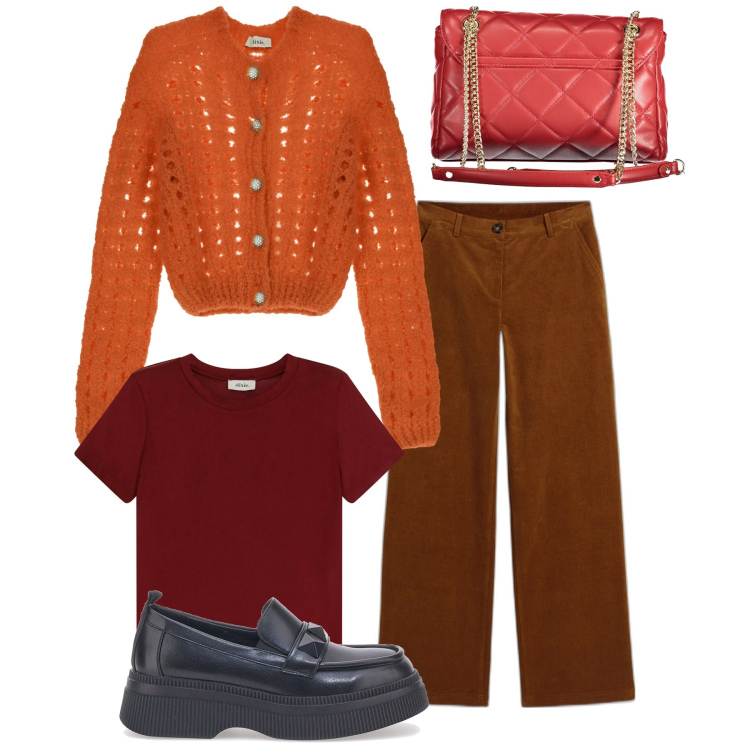 Outfit donna - Red. Stile Bon Ton per Tutti i giorni. Abbinamento con pantaloni, t-shirt, cardigans, mocassini, borse a spalla.