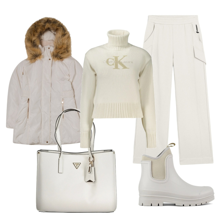 Outfit donna - White Xmas. Stile Casual chic per Tutti i giorni. Abbinamento con pantaloni, stivali, maglieria, parka, borse a spalla.
