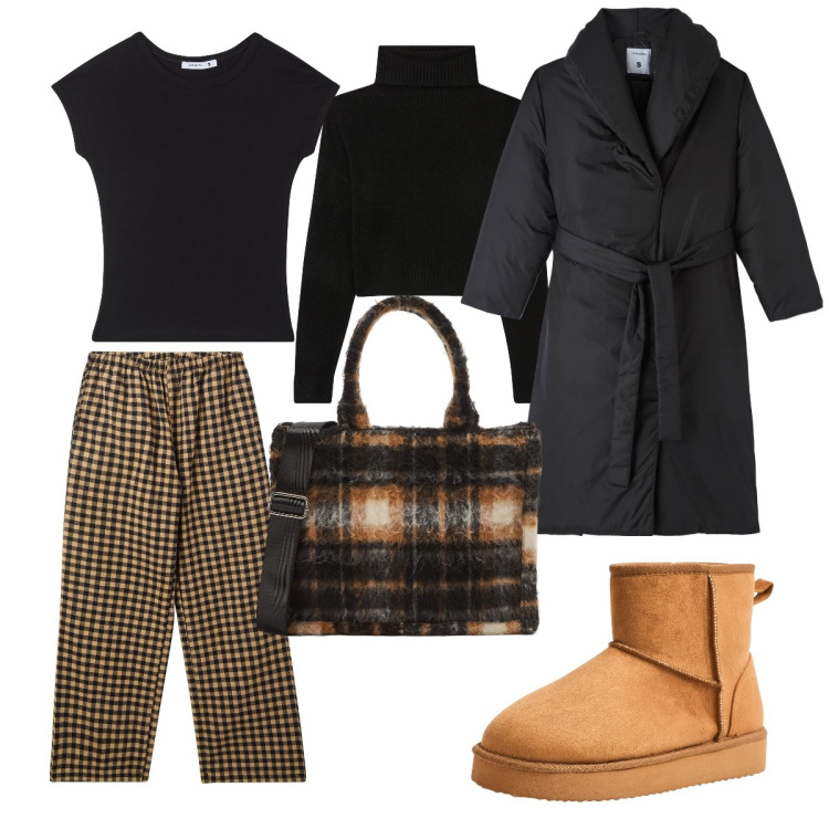 Outfit donna - Calore a quadri. Stile Casual per Tutti i giorni. Abbinamento con pantaloni, t-shirt, piumini, shopping bag, stivali, maglieria.