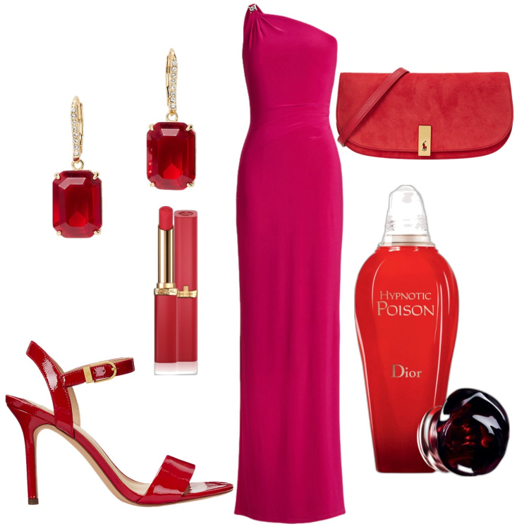 Outfit donna - The woman in red. Stile Glamour per Serata fuori. Abbinamento con profumi, rossetti, vestiti asimmetrici, clutch, sandali col tacco, orecchini.