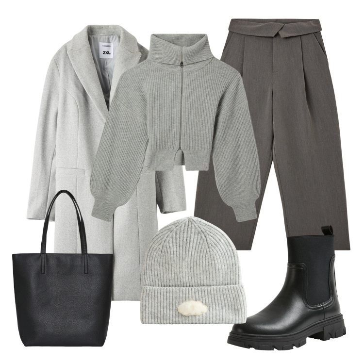Outfit donna - miss grey. Stile Urban per Tutti i giorni. Abbinamento con pantaloni, berretti, borse tote, cappotti, stivaletti chelsea, cardigans.