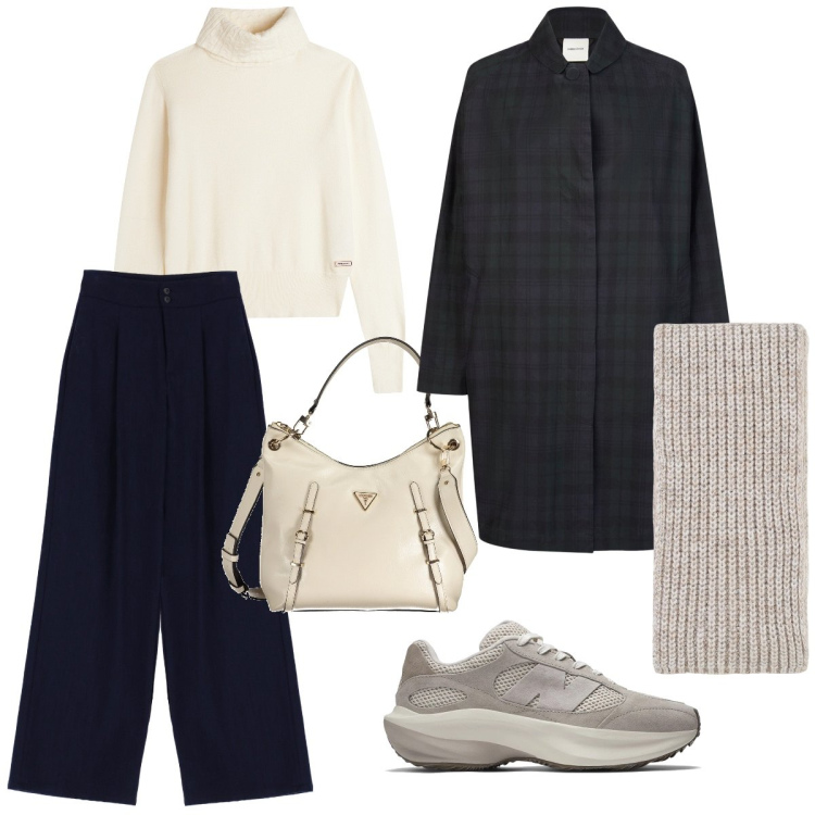Outfit donna - Chic in sneakers. Stile Sporty chic per Tutti i giorni. Abbinamento con sneakers, pantaloni, maglieria, sciarpe, borse a spalla, trench.