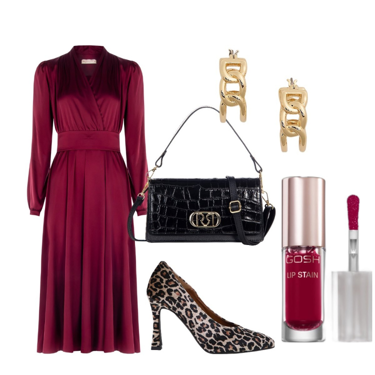 Outfit donna - Capodanno in Rosso. Stile Glamour per Serata fuori. Abbinamento con rossetti, borse a tracolla, vestiti lunghi, décolleté, orecchini.