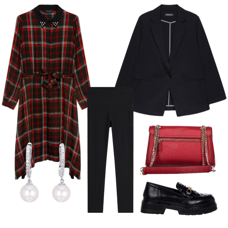 Outfit donna - Tartan curvy. Stile Casual per Tutti i giorni. Abbinamento con mocassini, orecchini, leggings, vestiti asimmetrici, blazer, borse a spalla.
