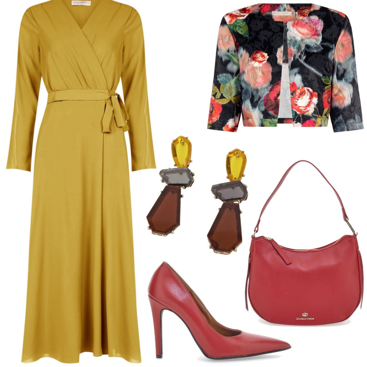 Outfit donna - Abito chemisier verde olio. Stile Bon Ton per Cerimonia. Abbinamento con vestiti chemisier, bolero, orecchini, décolleté, borse a tracolla.