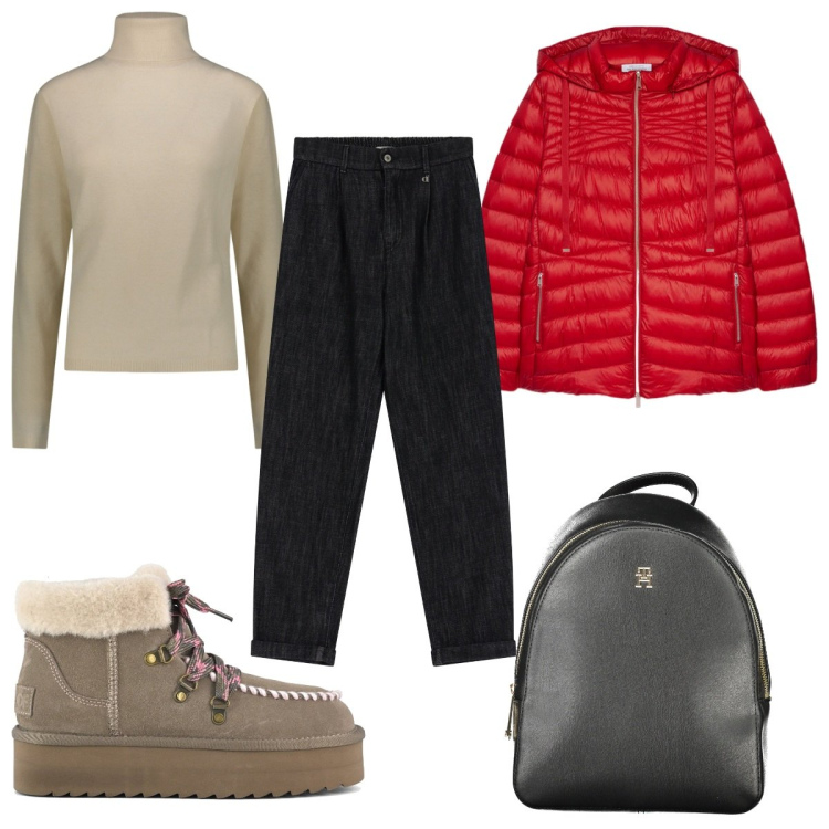 Outfit donna - New Year, New Layers : il cappotto rosso. Stile Casual per Tutti i giorni. Abbinamento con pantaloni chino, pullovers, piumini, stivaletti, zaini.