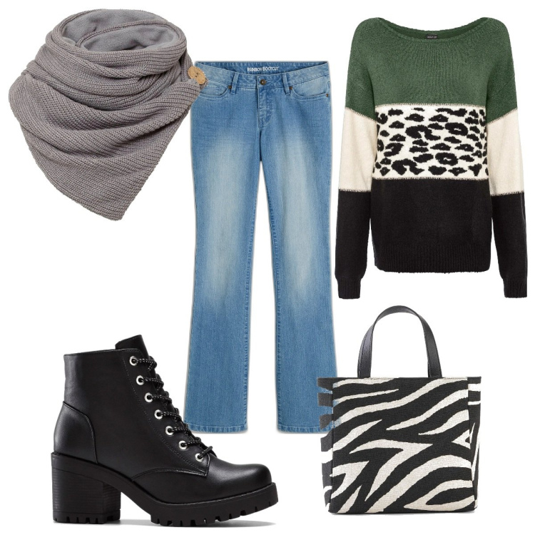 Outfit donna - Bonprix - tendenze in denim: animalier. Stile Trendy per Tutti i giorni. Abbinamento con maglieria, foulard, borse a mano, stivaletti, jeans bootcut.