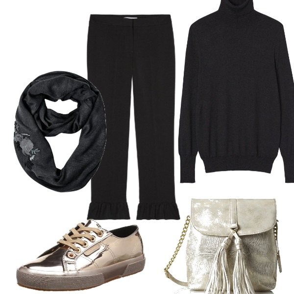 Outfit donna - Nero basic. Stile Basic per Tutti i giorni. Abbinamento con top, sneakers rosa, pantalone con volant nero, borsa a spalla con zip, sciarpa taglia unica grigio e nero e argento.