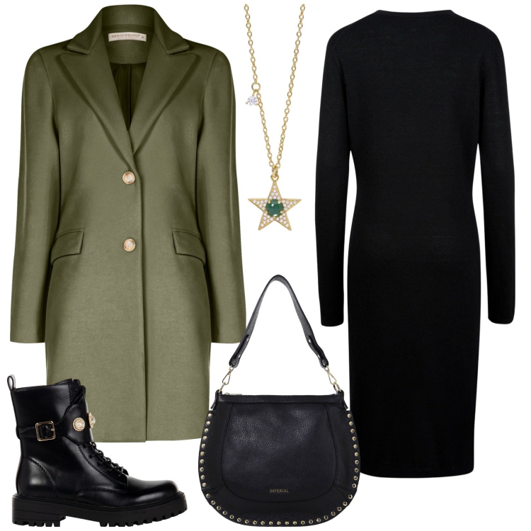 Outfit donna - Il vestito in maglia. Stile Military per Tutti i giorni. Abbinamento con collane, cappotti, anfibi, borse a spalla, vestiti midi/longuette.