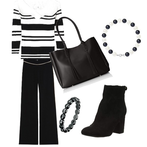 Outfit donna - Black and white. Stile Basic per Tutti i giorni. look ideale per Tall. Abbinamento con felpa a righe nero, borsa a mano nero, pantalone wide leg a righe con pieghe nero, stivali chelsea nero, bracciale con perle forma intrecciata argento e bianco e nero, anello con fiocco effetto lucido scollo profondo con fasce argento e blu.