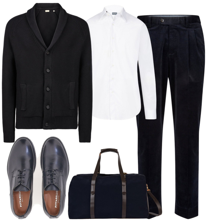 Outfit uomo - City. Stile Business/Elegante per Tutti i giorni. Abbinamento con scarpe stringate, cardigans, camicie, pantaloni, borse sportive.
