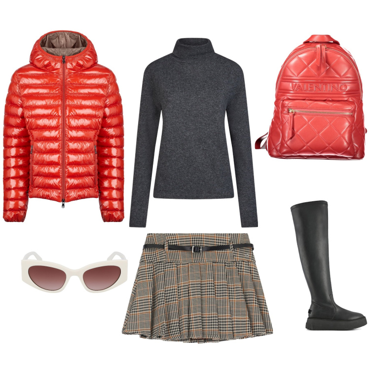 Outfit donna - Un tocco di rosso. Stile Sporty chic per Scuola/Università. Abbinamento con minigonne, blazer, stivali sopra il ginocchio, maglieria, zaini, occhiali da sole.