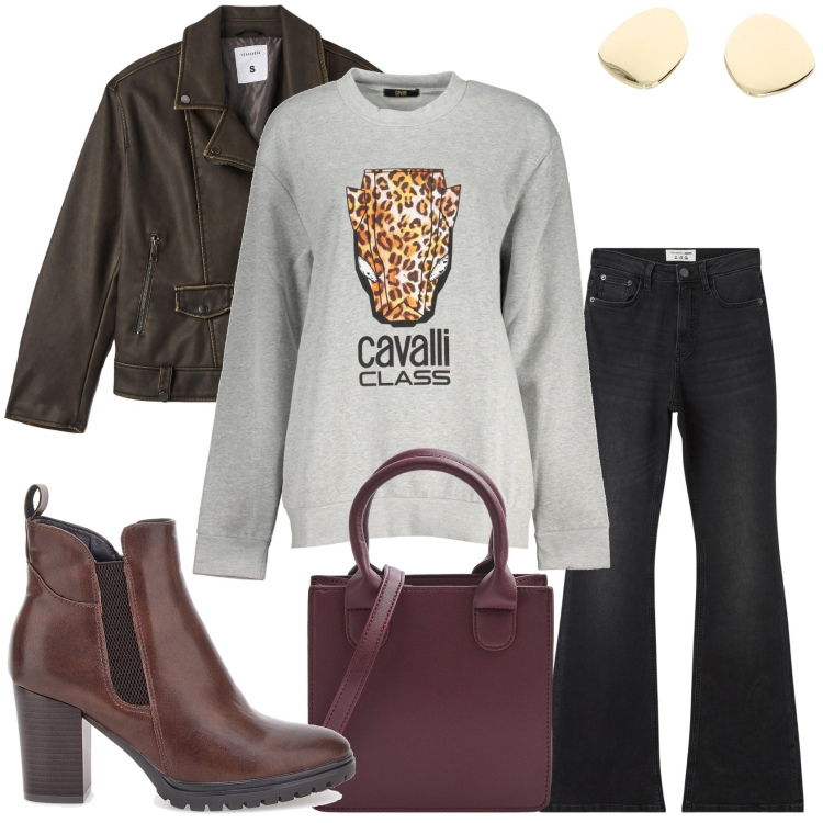 Outfit donna - Vado per negozi. Stile Casual per Tutti i giorni. Abbinamento con jeans a zampa, shopping bag, giacche, orecchini, stivaletti, felpe.