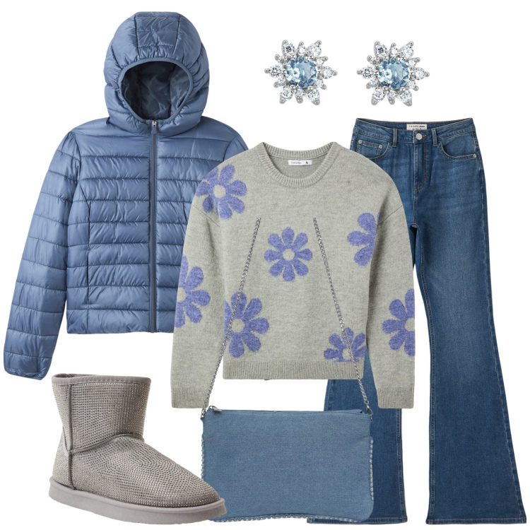 Outfit donna - Fuori blu. Stile Basic per Tutti i giorni. Abbinamento con stivali, maglieria, jeans a zampa, blazer, borse a tracolla, orecchini.