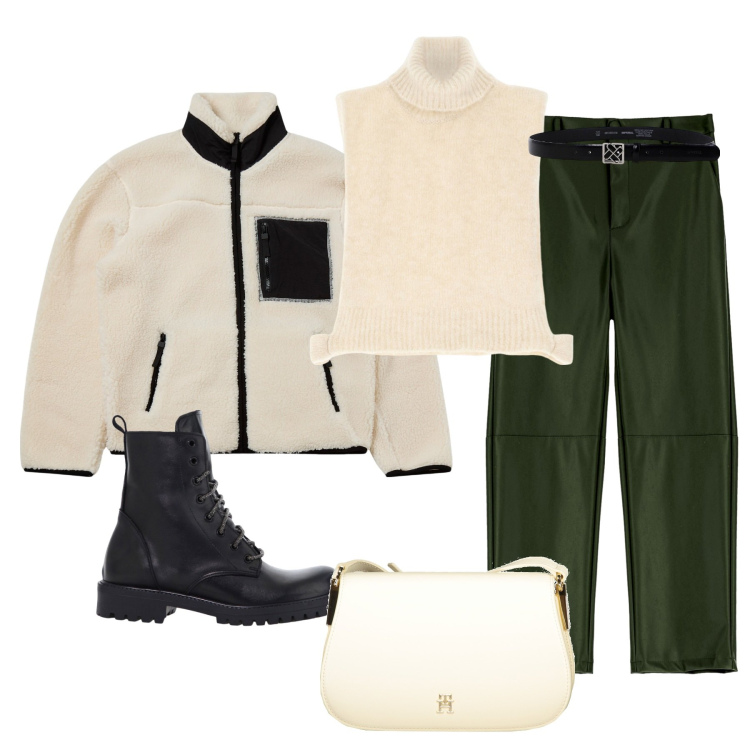 Outfit donna - Panna e verde militare. Stile Casual per Tutti i giorni. Abbinamento con felpe, gilet, pantaloni, stivaletti, cinture, borse a tracolla.