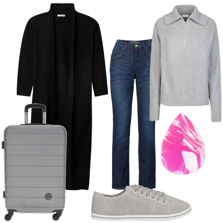 Outfit donna - Maxi lungo. Stile Casual per Tutti i giorni. Abbinamento con jeans dritti, sneakers, fondotinta, cardigans, polo, valigie.