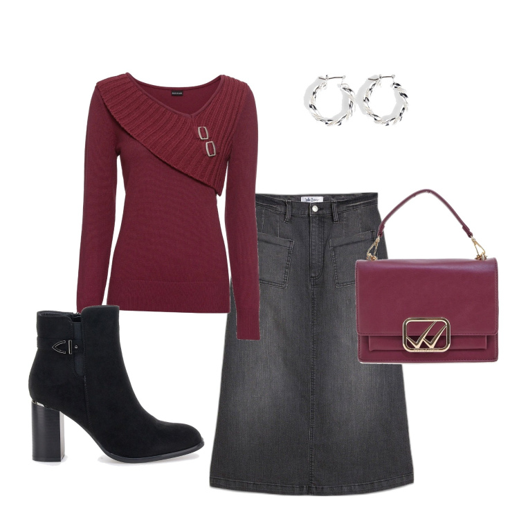 Outfit donna - Bordeaux. Stile Trendy per Serata fuori. Abbinamento con maglieria, gonne longuette, orecchini, stivaletti, borse a tracolla.