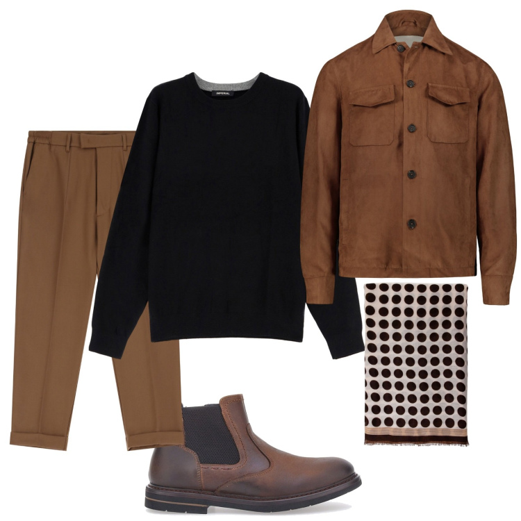 Outfit uomo - In agenzia. Stile Trendy per Ufficio. Abbinamento con maglieria, sciarpe e foulard, pantaloni, giacche, stivali e stivaletti.