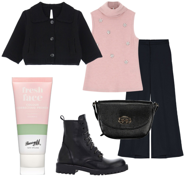 Outfit donna - Fresh face. Stile Casual chic per Tutti i giorni. Abbinamento con primer, pantaloni, cardigans, maglieria, stivaletti, borse a tracolla.
