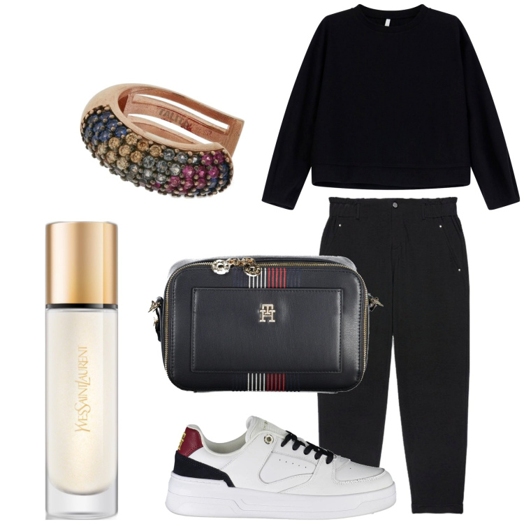 Outfit donna - il Primer!. Stile Casual per Tutti i giorni. Abbinamento con primer, felpe, borse a tracolla, sneakers, pantaloni, orecchini.